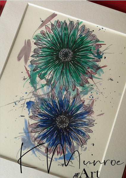 Watercolour Daisies PRINT - pen detail - blues, greens, teal