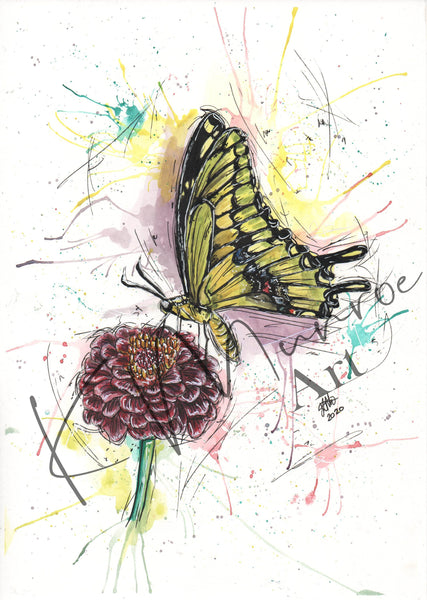 Swallowtail Butterfly PRINT - Watercolour Paint Splash - yellows, pinks, greens, black